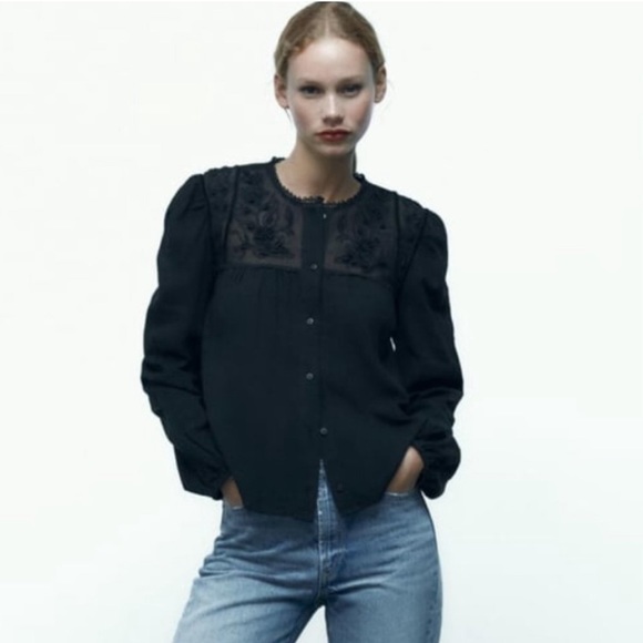 Zara Tops - BNWT ! Zara Black Gauze “Voile” Floral Embroidered Top Size M